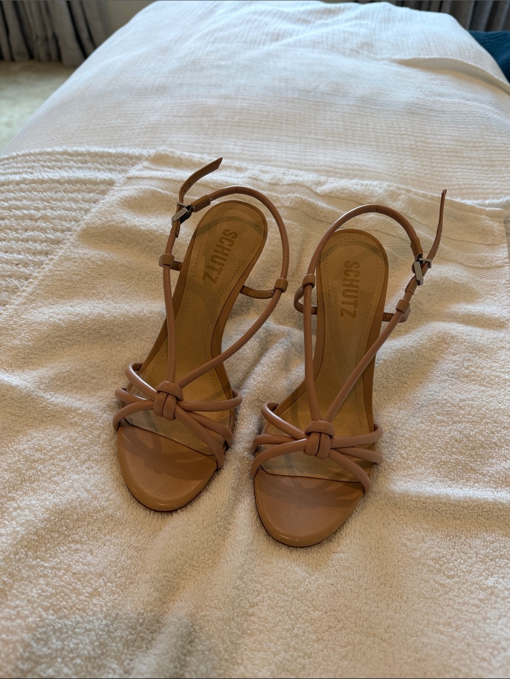 SCHUTZ Pink-Tan Strappy Knot Heeled Sandals